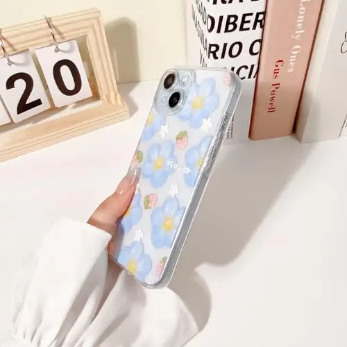 Lovmooful Compatible for iPhone 15 Case Cute Clear Oil Flower Floral Strawberry Design for Girls Women Soft TPU Shockproof Protective Girly for iPhone 15-Blue Flower - 5