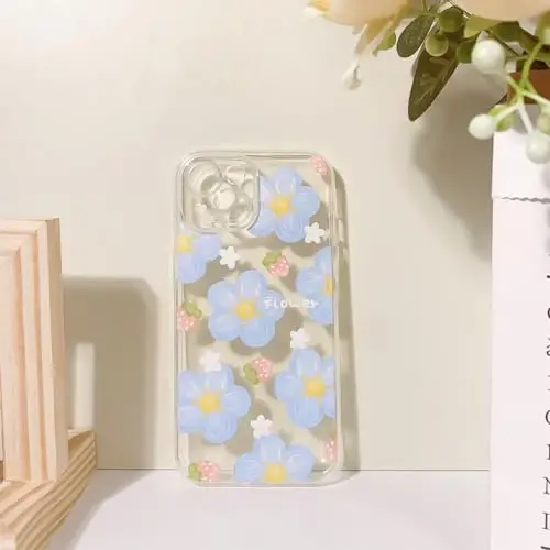 Lovmooful Compatible for iPhone 15 Case Cute Clear Oil Flower Floral Strawberry Design for Girls Women Soft TPU Shockproof Protective Girly for iPhone 15-Blue Flower - 6