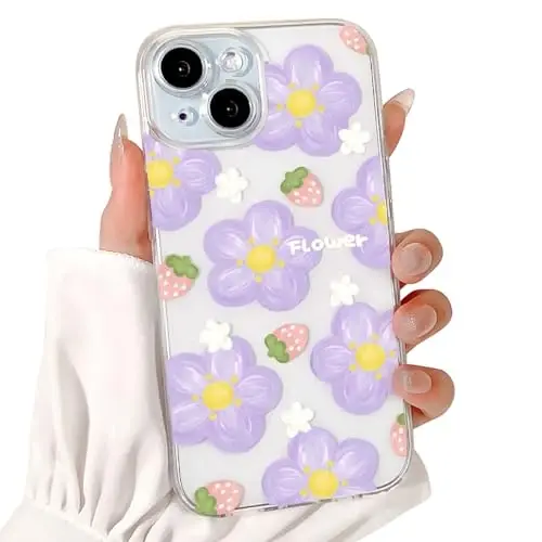 Lovmooful Compatible for iPhone 15 Case Cute Clear Oil Flower Floral Strawberry Design for Girls Women Soft TPU Shockproof Protective Girly for iPhone 15-Purple Flower - 1