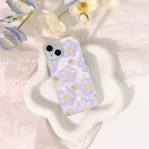 Lovmooful Compatible for iPhone 15 Case Cute Clear Oil Flower Floral Strawberry Design for Girls Women Soft TPU Shockproof Protective Girly for iPhone 15-Purple Flower - 2
