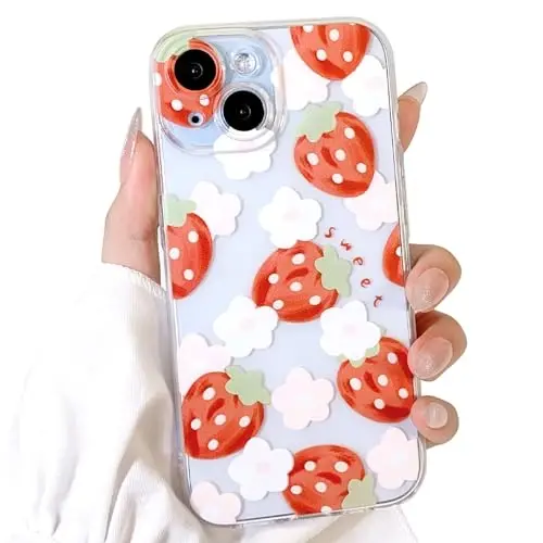 Lovmooful Compatible for iPhone 15 Case Cute Clear Oil Flower Floral Strawberry Design for Girls Women Soft TPU Shockproof Protective Girly for iPhone 15-Light Strawberry - 1