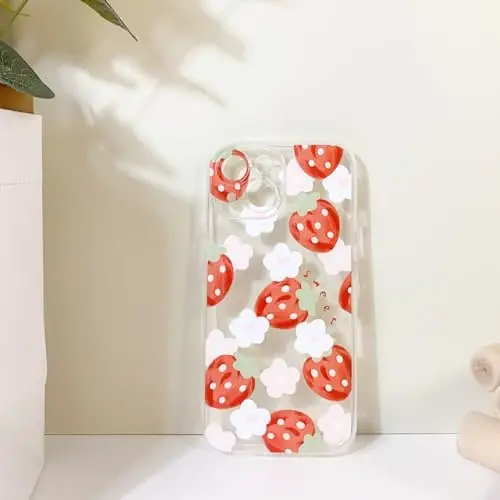 Lovmooful Compatible for iPhone 15 Case Cute Clear Oil Flower Floral Strawberry Design for Girls Women Soft TPU Shockproof Protective Girly for iPhone 15-Light Strawberry - 6