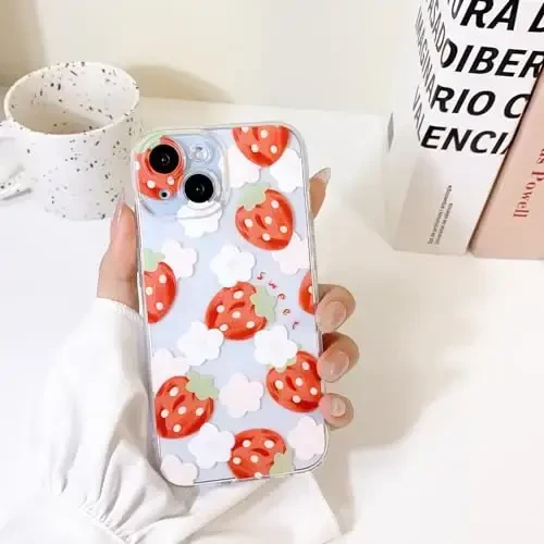 Lovmooful Compatible for iPhone 15 Case Cute Clear Oil Flower Floral Strawberry Design for Girls Women Soft TPU Shockproof Protective Girly for iPhone 15-Light Strawberry - 3