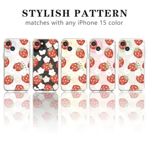 Lovmooful Compatible for iPhone 15 Case Cute Clear Oil Flower Floral Strawberry Design for Girls Women Soft TPU Shockproof Protective Girly for iPhone 15-Light Strawberry - 4