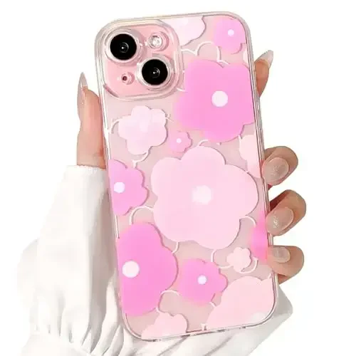 Lovmooful Compatible for iPhone 15 Case Cute Clear Oil Flower Floral Design for Girls Women Soft TPU Shockproof Protective Girly for iPhone 15-Pink Flower - 1