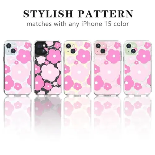 Lovmooful Compatible for iPhone 15 Case Cute Clear Oil Flower Floral Design for Girls Women Soft TPU Shockproof Protective Girly for iPhone 15-Pink Flower - 4