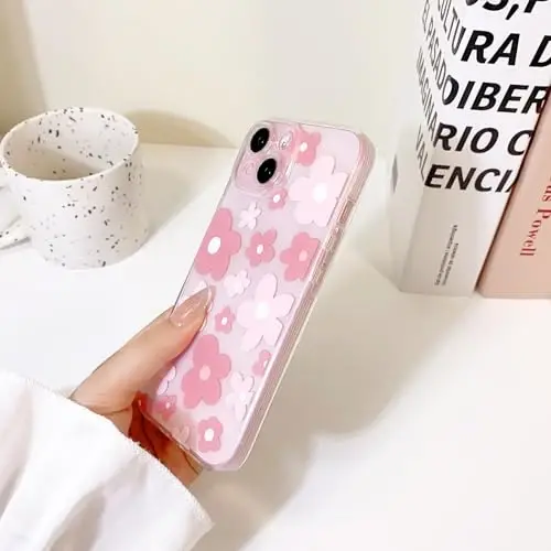 Lovmooful Compatible for iPhone 15 Case Cute Clear Flower Floral Color Design for Girls Women Soft TPU Shockproof Protective Girly for iPhone 15-Pink Flower - 5
