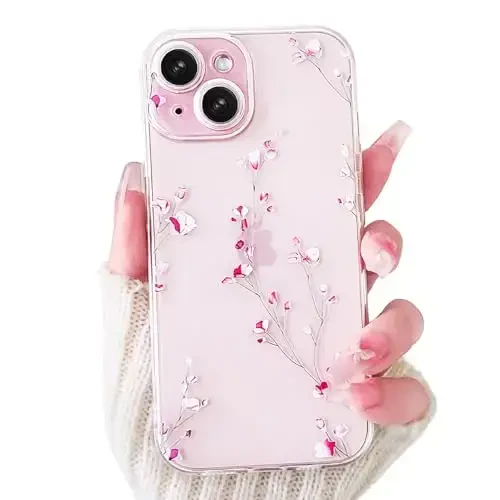 Lovmooful iPhone 15 uchun g'ilof bilan mos keladi Chiroyli shaffof gul naqshli qizlar ayollar uchun Yumshoq TPU zarbaga chidamli himoya qizcha iPhone 15 uchun-Kichik pushti gullar - 1