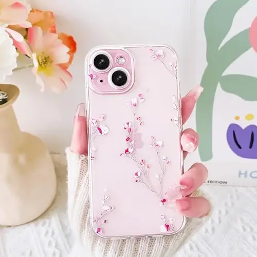 Lovmooful iPhone 15 uchun g'ilof bilan mos keladi Chiroyli shaffof gul naqshli qizlar ayollar uchun Yumshoq TPU zarbaga chidamli himoya qizcha iPhone 15 uchun-Kichik pushti gullar - 3