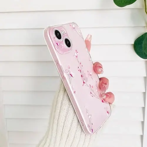 Lovmooful iPhone 15 uchun g'ilof bilan mos keladi Chiroyli shaffof gul naqshli qizlar ayollar uchun Yumshoq TPU zarbaga chidamli himoya qizcha iPhone 15 uchun-Kichik pushti gullar - 5
