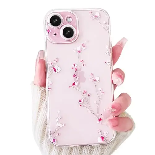 Lovmooful iPhone 15 uchun g'ilof bilan mos keladi Chiroyli shaffof gul naqshli qizlar ayollar uchun Yumshoq TPU zarbaga chidamli himoya qizcha iPhone 15 uchun-Kichik pushti gullar - LOVMOOFUL