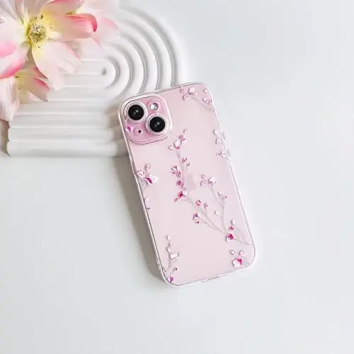 Lovmooful iPhone 15 uchun g'ilof bilan mos keladi Chiroyli shaffof gul naqshli qizlar ayollar uchun Yumshoq TPU zarbaga chidamli himoya qizcha iPhone 15 uchun-Kichik pushti gullar - LOVMOOFUL (1)