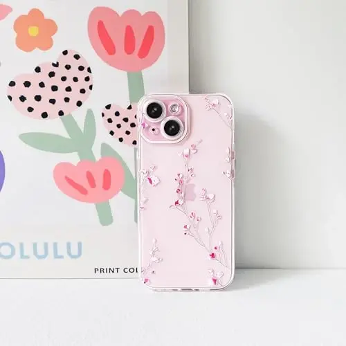 Lovmooful iPhone 15 uchun g'ilof bilan mos keladi Chiroyli shaffof gul naqshli qizlar ayollar uchun Yumshoq TPU zarbaga chidamli himoya qizcha iPhone 15 uchun-Kichik pushti gullar - 4
