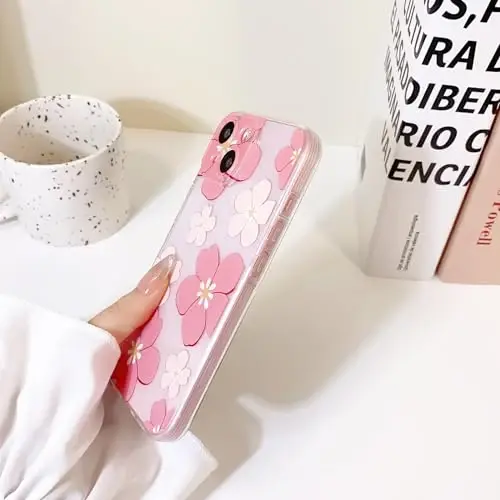Lovmooful iPhone 15 uchun g'ilof bilan mos keladi Chiroyli shaffof moyli gul dizayni Qizlar ayollar uchun Yumshoq TPU zarbaga chidamli himoya Qizlar uchun iPhone 15-och pushti gul - 5