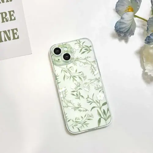 Lovmooful iPhone 15 uchun g'ilof bilan mos keladi, qizlar uchun chiroyli tiniq gulli barglar dizayni, ayollar yumshoq TPU zarbaga chidamli himoya qizlar iPhone 15-Yashil shoxlar uchun - 2