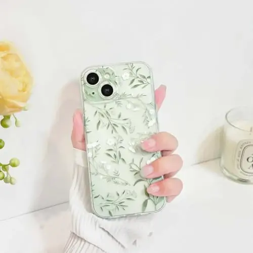 Lovmooful iPhone 15 uchun g'ilof bilan mos keladi, qizlar uchun chiroyli tiniq gulli barglar dizayni, ayollar yumshoq TPU zarbaga chidamli himoya qizlar iPhone 15-Yashil shoxlar uchun - 3