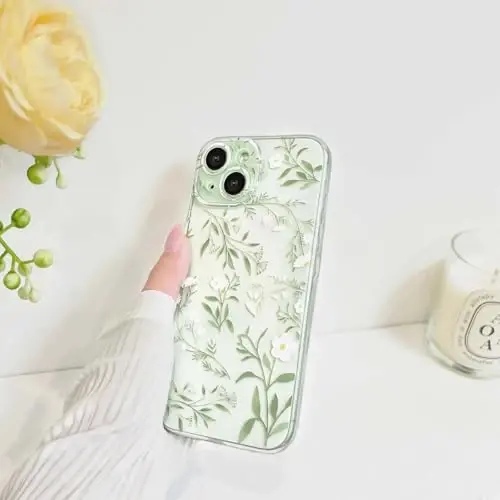 Lovmooful iPhone 15 uchun g'ilof bilan mos keladi, qizlar uchun chiroyli tiniq gulli barglar dizayni, ayollar yumshoq TPU zarbaga chidamli himoya qizlar iPhone 15-Yashil shoxlar uchun - 5