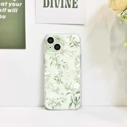 Lovmooful iPhone 15 uchun g'ilof bilan mos keladi, qizlar uchun chiroyli tiniq gulli barglar dizayni, ayollar yumshoq TPU zarbaga chidamli himoya qizlar iPhone 15-Yashil shoxlar uchun - 6