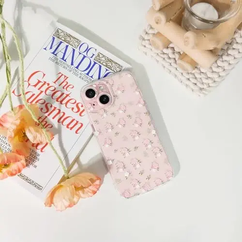 Lovmooful iPhone 15 uchun g'ilof bilan mos keladi, qizlar uchun yoqimli tiniq gul dizayni, ayollar uchun yumshoq TPU zarbga chidamli himoya, iPhone 15 uchun qizlarcha - Pushti va oq gullar - 4