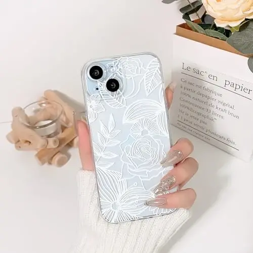 Lovmooful iPhone 15 uchun g'ilof bilan mos keladi, qizlar uchun yoqimli tiniq moyli gul, bargli dizayn, ayollar uchun yumshoq TPU zarbga chidamli himoya, iPhone 15 uchun qizaloq - Katta gul bargi - 3