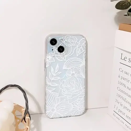 Lovmooful iPhone 15 uchun g'ilof bilan mos keladi, qizlar uchun yoqimli tiniq moyli gul, bargli dizayn, ayollar uchun yumshoq TPU zarbga chidamli himoya, iPhone 15 uchun qizaloq - Katta gul bargi - 6