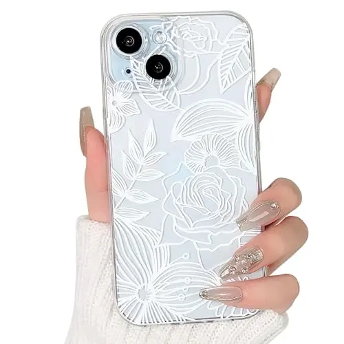 Lovmooful iPhone 15 uchun g'ilof bilan mos keladi, qizlar uchun yoqimli tiniq moyli gul, bargli dizayn, ayollar uchun yumshoq TPU zarbga chidamli himoya, iPhone 15 uchun qizaloq - Katta gul bargi 