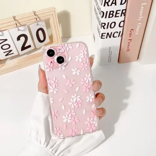Lovmooful iPhone 15 uchun g'ilof, chiroyli tiniq gulli dizayn, qizlar uchun, ayollar uchun, yumshoq TPU zarbga chidamli himoya, iPhone 15 uchun - Oq pushti gulli - 3