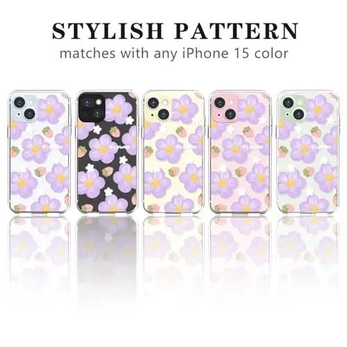 Lovmooful iPhone 15 uchun g'ilof, yoqimli tiniq moyli gul, qulupnay dizayni, qizlar va ayollar uchun yumshoq TPU zarbga chidamli himoya iPhone 15-Binafsha gul uchun - 4