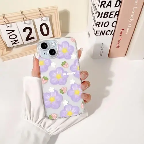 Lovmooful iPhone 15 uchun g'ilof, yoqimli tiniq moyli gul, qulupnay dizayni, qizlar va ayollar uchun yumshoq TPU zarbga chidamli himoya iPhone 15-Binafsha gul uchun - 3