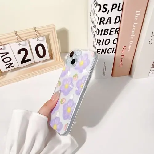 Lovmooful iPhone 15 uchun g'ilof, yoqimli tiniq moyli gul, qulupnay dizayni, qizlar va ayollar uchun yumshoq TPU zarbga chidamli himoya iPhone 15-Binafsha gul uchun - 5