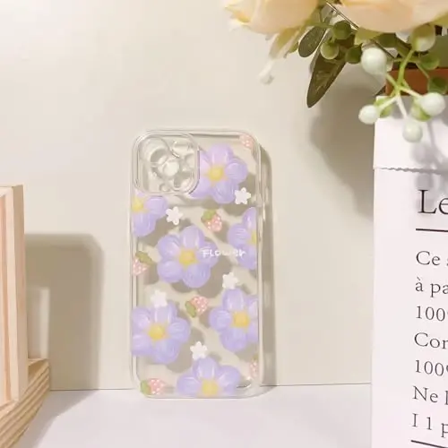 Lovmooful iPhone 15 uchun g'ilof, yoqimli tiniq moyli gul, qulupnay dizayni, qizlar va ayollar uchun yumshoq TPU zarbga chidamli himoya iPhone 15-Binafsha gul uchun - 6