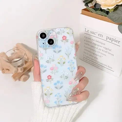 Lovmooful iPhone 15 uchun mos keladigan chexol Chiroyli tiniq yog'li gul gul barglari dizayni qizlar ayollar uchun Yumshoq TPU zarbaga chidamli himoya iPhone 15 uchun - Ko'p rangli gullar - 3
