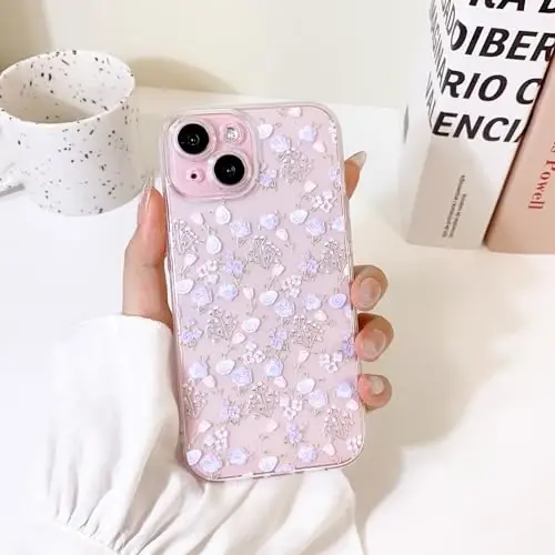 Lovmooful iPhone 15 uchun mos keladigan chexol Qizlar ayollar uchun yoqimli tiniq moyli gul gul dizayni Yumshoq TPU zarbaga chidamli himoya Qizlarcha iPhone 15 uchun - Binafsha atirgul - 3