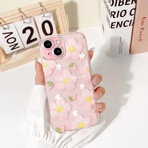 Lovmooful iPhone 15 uchun mos keladigan chexol Qizlar ayollar uchun yoqimli tiniq moyli gul gulli qulupnay dizayni Yumshoq TPU zarbaga chidamli himoya iPhone 15 uchun - Pushti gul2 - 3