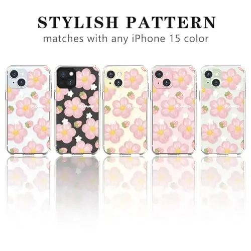 Lovmooful iPhone 15 uchun mos keladigan chexol Qizlar ayollar uchun yoqimli tiniq moyli gul gulli qulupnay dizayni Yumshoq TPU zarbaga chidamli himoya iPhone 15 uchun - Pushti gul2 - 4