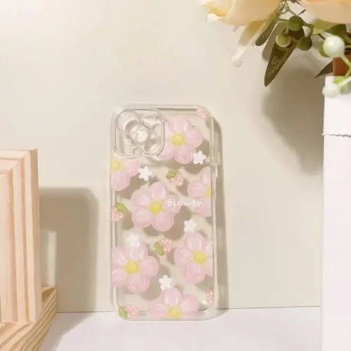 Lovmooful iPhone 15 uchun mos keladigan chexol Qizlar ayollar uchun yoqimli tiniq moyli gul gulli qulupnay dizayni Yumshoq TPU zarbaga chidamli himoya iPhone 15 uchun - Pushti gul2 - 6