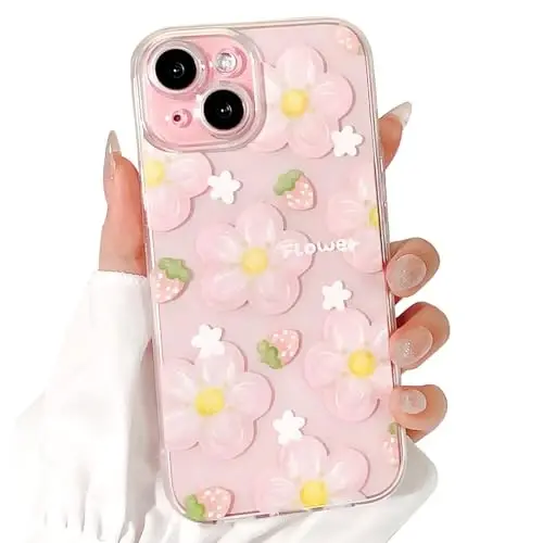 Lovmooful iPhone 15 uchun mos keladigan chexol Qizlar ayollar uchun yoqimli tiniq moyli gul gulli qulupnay dizayni Yumshoq TPU zarbaga chidamli himoya iPhone 15 uchun - Pushti gul2 - 1