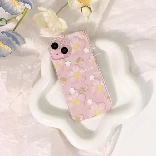 Lovmooful iPhone 15 uchun mos keladigan chexol Qizlar ayollar uchun yoqimli tiniq moyli gul gulli qulupnay dizayni Yumshoq TPU zarbaga chidamli himoya iPhone 15 uchun - Pushti gul2 - LOVMOOFUL (1)