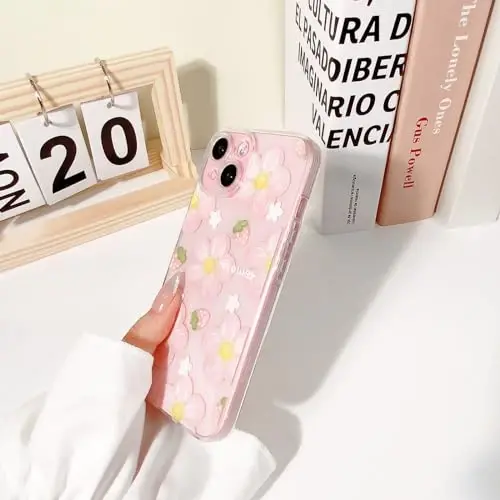 Lovmooful iPhone 15 uchun mos keladigan chexol Qizlar ayollar uchun yoqimli tiniq moyli gul gulli qulupnay dizayni Yumshoq TPU zarbaga chidamli himoya iPhone 15 uchun - Pushti gul2 - 5