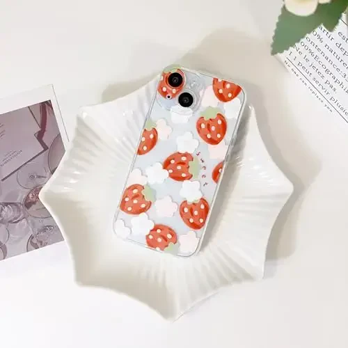Lovmooful iPhone 15 uchun mos keladigan chexol, qizlar va ayollar uchun chiroyli tiniq moyli gul, qulupnay dizayni, yumshoq TPU zarbga chidamli himoya qizlar uchun iPhone 15 - Ochiq qulupnay - LOVMOOFUL (1)