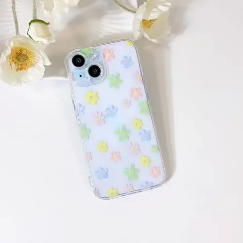 Lovmooful iPhone 15 uchun mos keladigan chexol, qizlar va ayollar uchun yoqimli tiniq moyli gul naqshli, zarbaga chidamli yumshoq TPU himoya qopqog'i iPhone 15 uchun - Rangli gullar 2 - LOVMOOFUL (1)