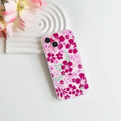 Lovmooful iPhone 15 uchun mos keladigan g'ilof Chiroyli shaffof gul naqshli qizlar ayollar uchun yumshoq TPU zarbaga chidamli himoya iPhone 15 uchun - pushti qizil gul - 2