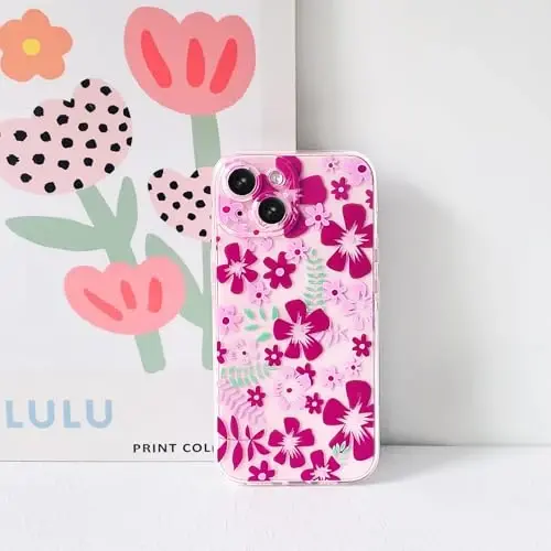 Lovmooful iPhone 15 uchun mos keladigan g'ilof Chiroyli shaffof gul naqshli qizlar ayollar uchun yumshoq TPU zarbaga chidamli himoya iPhone 15 uchun - pushti qizil gul - 4