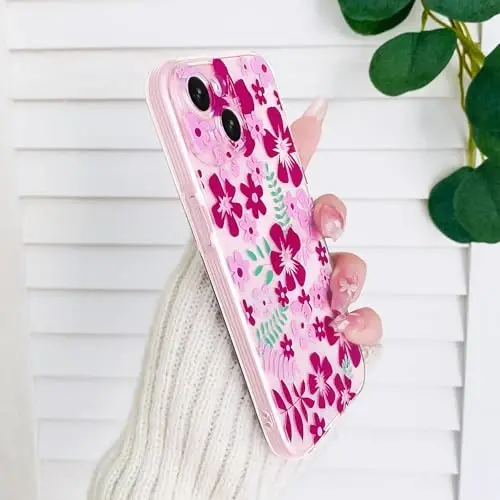 Lovmooful iPhone 15 uchun mos keladigan g'ilof Chiroyli shaffof gul naqshli qizlar ayollar uchun yumshoq TPU zarbaga chidamli himoya iPhone 15 uchun - pushti qizil gul - 5