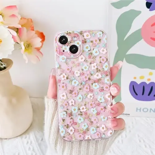 Lovmooful iPhone 15 uchun mos keladigan g'ilof Chiroyli shaffof gul naqshli qizlar uchun yumshoq TPU zarbaga chidamli himoya qizlar uchun iPhone 15-Moviy&Pushti gul - 3