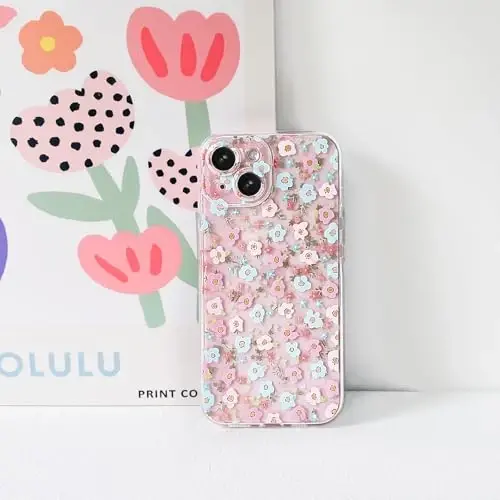 Lovmooful iPhone 15 uchun mos keladigan g'ilof Chiroyli shaffof gul naqshli qizlar uchun yumshoq TPU zarbaga chidamli himoya qizlar uchun iPhone 15-Moviy&Pushti gul - 4