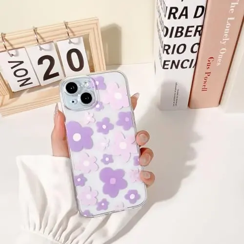 Lovmooful iPhone 15 uchun mos keladigan g'ilof, qizlar va ayollar uchun chiroyli shaffof gul naqshli rangli dizayn, yumshoq TPU zarbaga chidamli himoya qizona iPhone 15 uchun - Binafsha gul - 3