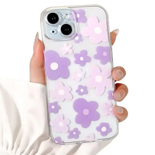 Lovmooful iPhone 15 uchun mos keladigan g'ilof, qizlar va ayollar uchun chiroyli shaffof gul naqshli rangli dizayn, yumshoq TPU zarbaga chidamli himoya qizona iPhone 15 uchun - Binafsha gul - 1