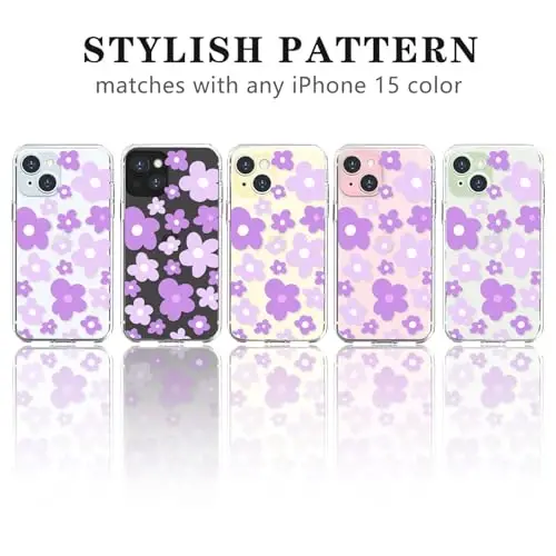 Lovmooful iPhone 15 uchun mos keladigan g'ilof, qizlar va ayollar uchun chiroyli shaffof gul naqshli rangli dizayn, yumshoq TPU zarbaga chidamli himoya qizona iPhone 15 uchun - Binafsha gul - 4