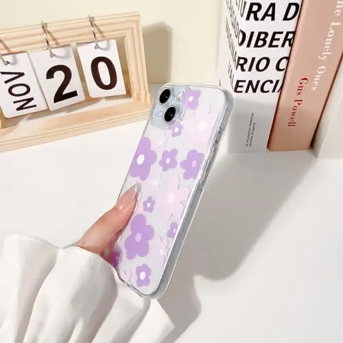 Lovmooful iPhone 15 uchun mos keladigan g'ilof, qizlar va ayollar uchun chiroyli shaffof gul naqshli rangli dizayn, yumshoq TPU zarbaga chidamli himoya qizona iPhone 15 uchun - Binafsha gul - 5